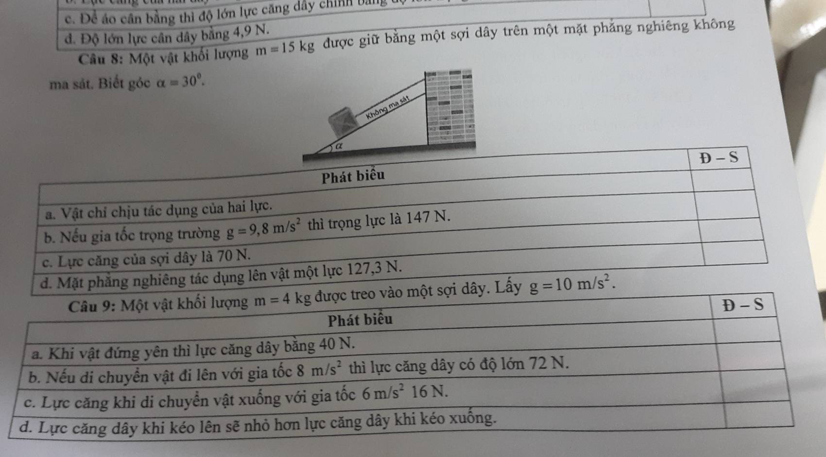 c. Để áo cần bằng thì độ lớn lực căng dây chính bang  1
đ. Độ lớn lực cân dây bằng 4,9 N.
Câu 8: Một vật khối lượng m=15kg được giữ bằng một sợi dây trên một mặt phẳng nghiêng không
ma sát. Biết góc alpha =30°.