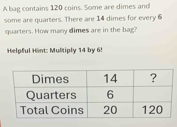 A bag contains 120 coins. Some are dimes and 
some are quarters. There are 14 dimes for every 6
quarters. How many dimes are in the bag? 
Helpful Hint: Multiply 14 by 6!