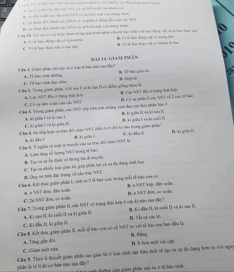 Hai tế bào mới sinh ra sau nguyên phân có bộ nhiễm sắc thể giống nhau là nhờ
z A. sự co xoắn cực đại của NST và sự biến mất của nhân con.
B. sự dăn xoắn cực đại của NST và sự biến mất của màng nhân.
C. sự nhân đôi chính xác DNA và sự phân li đồng đều của các NST.
D. sự nhân đôi chính xác DNA và sự biến mắt của màng nhân.
Câu 10. Tại sao có sự khác nhau trong quá trình phân chia tế bảo chất ở tế bảo động vật và tế bảo thực vật?
A. Vì tế bào động vật có lysosome. B. Vì tế bào động vật có trung thể.
C. Vì tế bào thực vật có lục lạp. D. Vì tế bào thực vật có thành tế bào.
bài 14. giảm phân
Câu 1. Giảm phân chỉ xảy ra ở loại tế bảo nào sau đây?
A. Tế bào sinh dưỡng. B. Tế bào giao tử.
20
C. Tế bào sinh dục chín. D. Hợp tử.
Câu 2. Trong giảm phân, ở kì sau I và kì sau II có điểm giống nhau là
A. Các NST đều ở trạng thái đơn. B. Các NST đều ở trạng thái kép.
C. Có sự dãn xoắn của các NST. D. Có sự phân li các NST về 2 cực tế bảo.
Câu 3. Trong giảm phân, các NST xếp trên mặt phẳng xích đạo của thoi phân bảo ở
A. kì giữa I và kì sau I. B. kì giữa II và kì sau II.
C. kì giữa I và kì giữa II. D. kì giữa I và kì cuối II.
Câu 4. Sự tiếp hợp và trao đổi chéo NST diễn ra ở chu kì nào trong giảm phân?
A. kì đầu I. B. kì giữa I. C. kỉ đầu II. D. kì giữa lI.
Câu 5. Ý nghĩa về mặt di truyền của sự trao đồi chéo NST là
A. Làm tăng số lượng NST trong tế bào.
B. Tạo ra sự ổn định về thông tin di truyền.
C. Tạo ra nhiều loại giao tử, góp phần tạo ra sự đa dạng sinh học.
D. Duy trì tính đặc trưng về cấu trúc NST.
Câu 6. Kết thúc giảm phân I, sinh ra 2 tế bào con, trong mỗi tế bào con có
A. n NST đơn, dãn xoắn. B. n NST kép, dãn xoắn.
D. n NST đơn, co xoắn.
C. 2n NST đơn, co xoắn.
Câu 7. Trong giảm phân II, các NST có trạng thái kép ở các kì nào sau đây?
A. Kì sau II, kì cuối II và kì giữa II. B. Kì đầu II, kì cuối II và kì sau II.
C. Kì đầu II, kì giữa II. D. Tất cả các kì.
Câu 8. Kết thúc giảm phân II, mỗi tế bào con có số NST so với tế bào mẹ ban đầu là
B. Bằng.
A. Tăng gấp đôi.
D. Ít hơn một vài cặp.
C. Giảm một nửa.
Câu 9. Theo lí thuyết giảm phân tạo giao tử ở loài sinh sản hữu tính sẽ tạo ra sự đa dạng hơn so với nguy
phân là vì lí do cơ bản nào sau đây?
*  Là n sinh dưỡng còn giảm phân xảy ra ở tế bào sinh