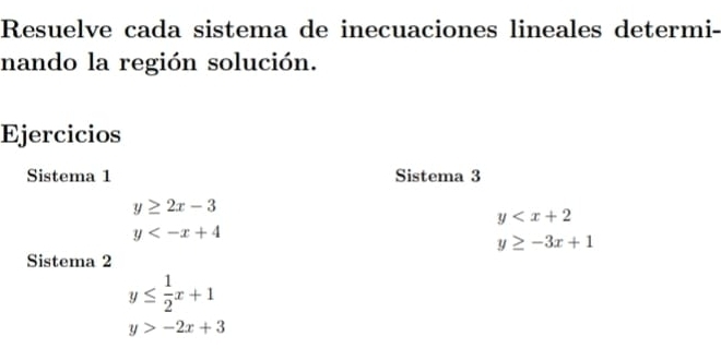 Resuelve cada sistema de inecuaciones lineales determi- 
nando la región solución. 
Ejercicios 
Sistema 1 Sistema 3
y≥ 2x-3
y
y
y≥ -3x+1
Sistema 2
y≤  1/2 x+1
y>-2x+3