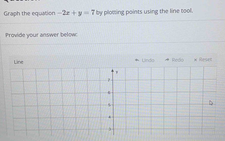 Graph the equation -2x+y=7 by plotting points using the line tool. 
Provide your answer below: 
Line Undo Redo × Reset