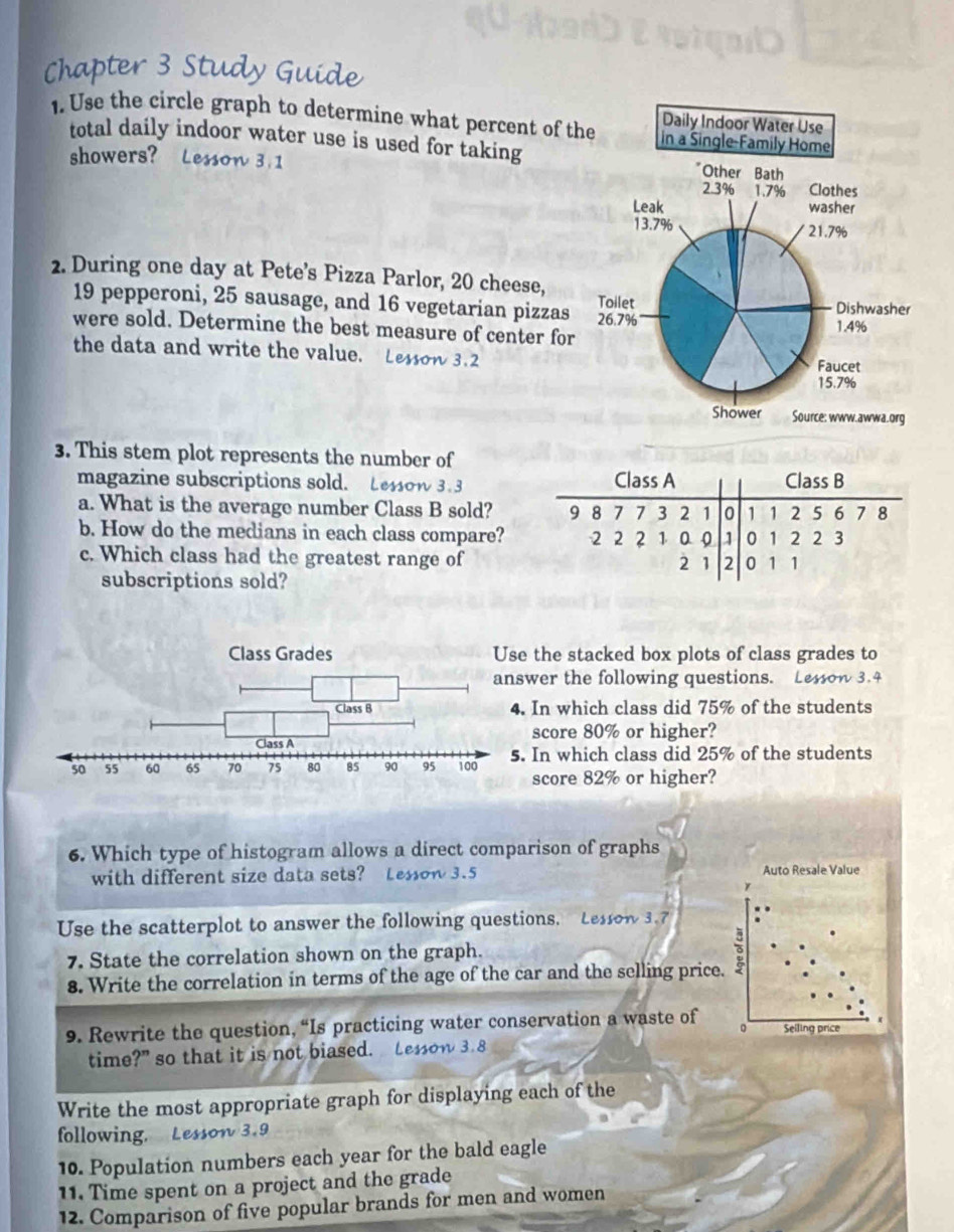 Chapter 3 Study Guide 
1. Use the circle graph to determine what percent of the 
total daily indoor water use is used for taking 
showers? Lesson 3.1
2. During one day at Pete’s Pizza Parlor, 20 cheese,
19 pepperoni, 25 sausage, and 16 vegetarian pizzas 
were sold. Determine the best measure of center for 
the data and write the value. Lessow 3.2
3. This stem plot represents the number of 
magazine subscriptions sold. Lessow 3.3 Class A Class B 
a. What is the average number Class B sold? 9 8 7 7 3 2 1 o 1 1 2 5 6 7 8
b. How do the medians in each class compare? 2 2 2 1 0 0 1 0 1 2 2 3
c. Which class had the greatest range of 2 1 2 0 1 1
subscriptions sold? 
e the stacked box plots of class grades to 
wer the following questions. Lessow 3.4. In which class did 75% of the students 
score 80% or higher? 
. In which class did 25% of the students 
score 82% or higher? 
6. Which type of histogram allows a direct comparison of graphs 
with different size data sets? Lessow 3.5 Auto Resale Value 
Use the scatterplot to answer the following questions. Lessow 3.7
7. State the correlation shown on the graph. 
3 
8. Write the correlation in terms of the age of the car and the selling price. Q 
9. Rewrite the question, “Is practicing water conservation a waste of Seiling price 
time?” so that it is not biased. Lessow 3.8
Write the most appropriate graph for displaying each of the 
following. Lessow 3.9
10. Population numbers each year for the bald eagle 
11. Time spent on a project and the grade 
12. Comparison of five popular brands for men and women