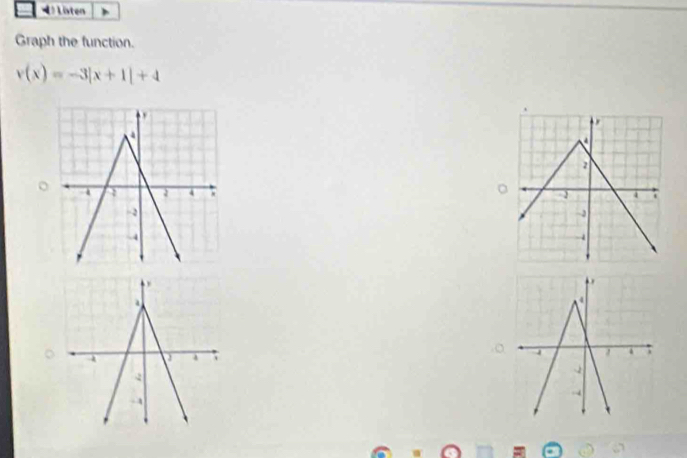 Listen 
Graph the function.
r(x)=-3|x+1|+4
。