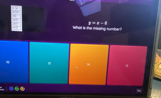 y=x-6
What is the missing number?
10
13
14
12