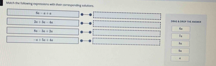 Match the following expressions with their corresponding solutions.
6a-a+a
2a+3a-4a
DRAG & DROP THE ANSWER
6a
8a-3a+2a
7a
-a+5a+4a
8a
9a
a