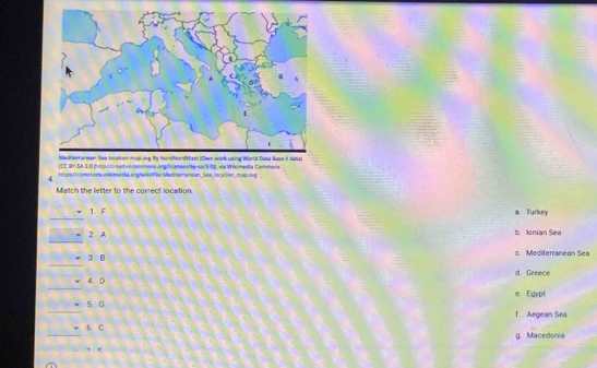 Match the letter to the correct location
_
1.F a Turkey
_
2. A b. Ionian Sea
_
3.B c. Mediterranean Sea
_
4. D d. Greece
e. Egypt
_5. G f. Aegean Sea
_6. C g. Macedonia
7 e
