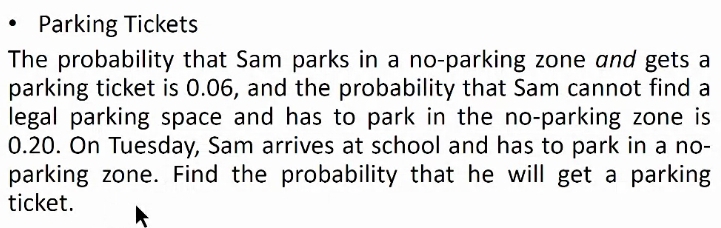 Parking Tickets 
The probability that Sam parks in a no-parking zone and gets a 
parking ticket is 0.06, and the probability that Sam cannot find a 
legal parking space and has to park in the no-parking zone is
0.20. On Tuesday, Sam arrives at school and has to park in a no- 
parking zone. Find the probability that he will get a parking 
ticket.