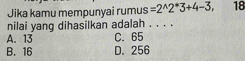 Jika kamu mempunyai rumus =2^(wedge)2^*3+4-3, 18
nilai yang dihasilkan adalah . . .
A. 13 C. 65
B. 16 D. 256