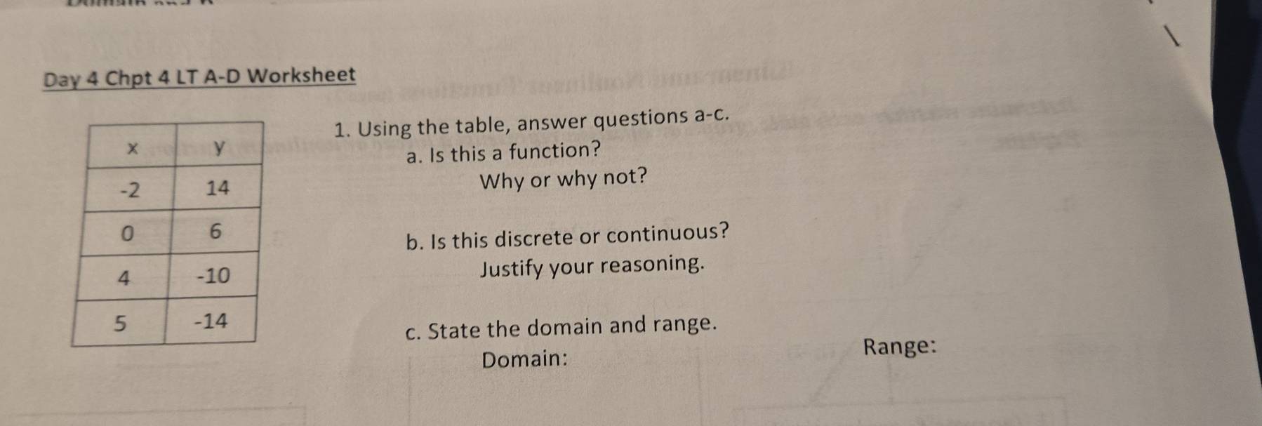 Day 4 Chpt 4 LT A-D Worksheet 
1. Using the table, answer questions a-C. 
a. Is this a function? 
Why or why not? 
b. Is this discrete or continuous? 
Justify your reasoning. 
c. State the domain and range. 
Domain: 
Range: