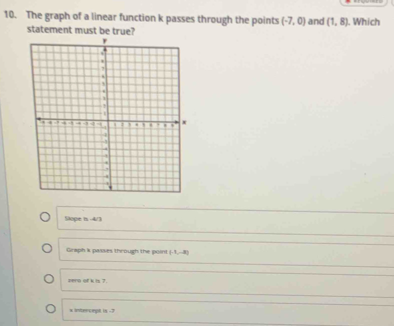 The graph of a linear function k passes through the points (-7,0) and (1,8). Which
statement must be true?
Slope is -4/3
Graph k passes through the point (-1,-8)
zera of k is 7.
x intercept is -7