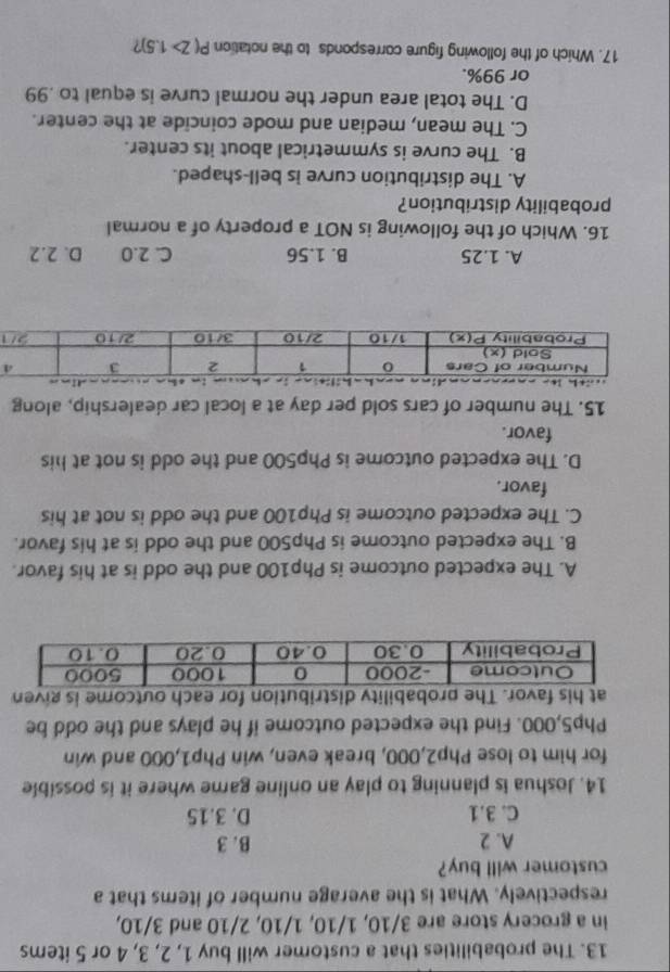 The probabilities that a customer will buy 1, 2, 3, 4 or 5 items
in a grocery store are 3/10, 1/10, 1/10, 2/10 and 3/10,
respectively. What is the average number of items that a
customer will buy?
A. 2 B. 3
C. 3.1 D. 3.15
14. Joshua is planning to play an online game where it is possible
for him to lose Php2,000, break even, win Php1,000 and win
Php5,000. Find the expected outcome if he plays and the odd be
at his favor. The probability distribution for each outcome is given
A. The expected outcome is Php100 and the odd is at his favor.
B. The expected outcome is Php500 and the odd is at his favor.
C. The expected outcome is Php100 and the odd is not at his
favor.
D. The expected outcome is Php500 and the odd is not at his
favor.
15. The number of cars sold per day at a local car dealership, along
A. 1.25 B. 1.56 C. 2.0 D. 2.2
16. Which of the following is NOT a property of a normal
probability distribution?
A. The distribution curve is bell-shaped.
B. The curve is symmetrical about its center.
C. The mean, median and mode coincide at the center.
D. The total area under the normal curve is equal to .99
or 99%.
17. Which of the following figure corresponds to the notation P(Z>1.5) ?