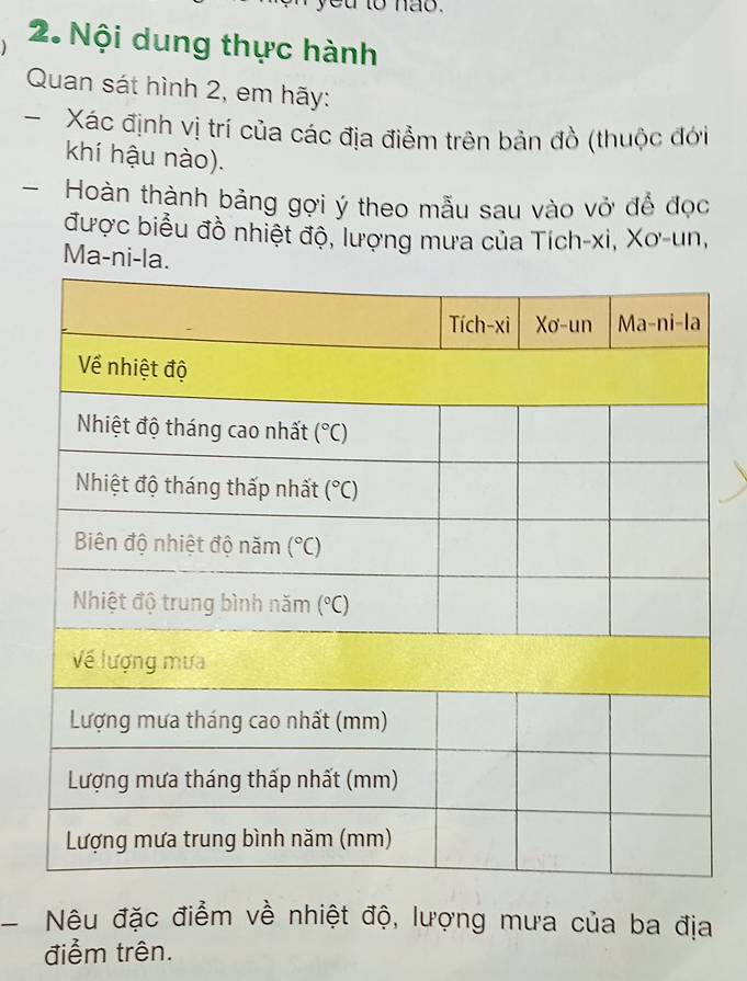 Nội dung thực hành
Quan sát hình 2, em hãy:
Xác định vị trí của các địa điểm trên bản đồ (thuộc đới
khí hậu nào).
Hoàn thành bảng gợi ý theo mẫu sau vào vở để đọc
được biểu đồ nhiệt độ, lượng mưa của Tích-xi, Xơ-un,
Ma-ni-la.
Nêu đặc điểm về nhiệt độ, lượng mưa của ba địa
điểm trên.