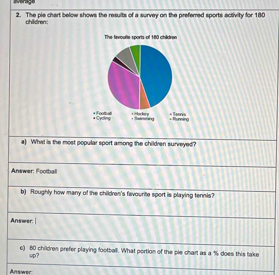 average 
2. The pie chart below shows the results of a survey on the preferred sports activity for 180
children: 
a) What is the most popular sport among the children surveyed? 
Answer: Football 
b) Roughly how many of the children's favourite sport is playing tennis? 
Answer: 
c) 80 children prefer playing football. What portion of the pie chart as a % does this take 
up? 
Answer: