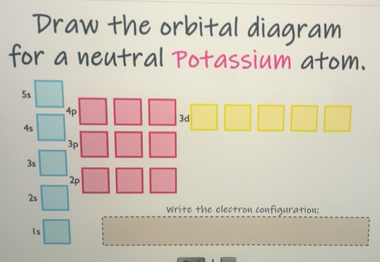 Solved: Draw the orbital diagram for a neutral Potassium atom. 5s 4p 4s ...