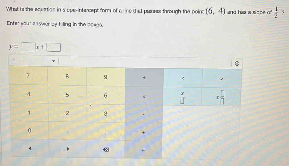 What is the equation in slope-intercept form of a line that passes through the point (6,4) and has a slope of  1/2  ?
Enter your answer by filling in the boxes.
y=□ x+□