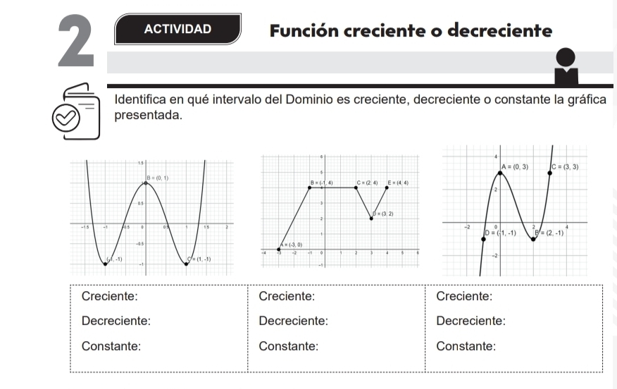 ACTIVIDAD Función creciente o decreciente
Identifica en qué intervalo del Dominio es creciente, decreciente o constante la gráfica
presentada.
Creciente: Creciente: Creciente:
Decreciente: Decreciente: Decreciente:
Constante: Constante: Constante: