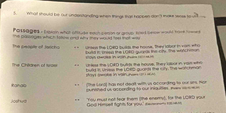 What should be our understanding when things that happen don't make sense to us 
Passages - Explain what aftitude each person or group listed below would have toward 
the passages which follow and why they would teel that way . 
The people of Jericho Unless the LORD builds the house, They labor in vain who 
build it: Unless the LORD guards the city. The watchman 
stays awake in vain.(Aatms 1271 NKM) 
The Children of Israel Unless the LORD builds the house, They labor in vain who 
build it, Uniess the LORD guards the city. The watchman 
stays awake in vain, (Asaims 127 0 NKN) 
Rahab [The Lord] has not dealt with us accarding to our sins. Nor 
punished us according to our iniquities. taims 163 to N 
Joshua 'You must not fear them (the enemy), for the LORD your 
God Himself fights for you.' [Deuteranomy 3:22 NJV]