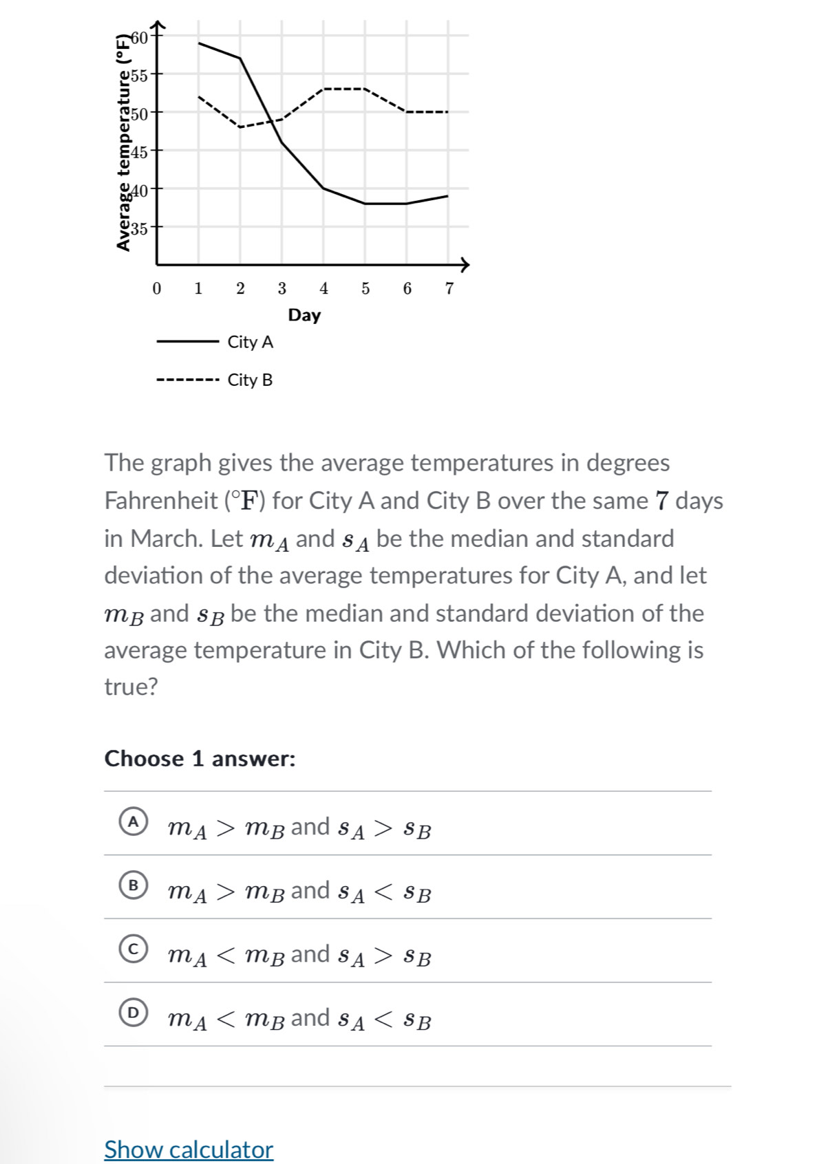 60
45 45
35
0 1 2 3 4 5 6 7
Day
_City A
_City B
The graph gives the average temperatures in degrees
Fahrenheit (^circ F) for City A and City B over the same 7 days
in March. Let m_A and s_A be the median and standard
deviation of the average temperatures for City A, and let
mB and §B be the median and standard deviation of the
average temperature in City B. Which of the following is
true?
Choose 1 answer:
A m_A>m_B and s_A>s_B
m_A>m_B and s_A
m_A and s_A>s_B
D m_A and s_A
Show calculator