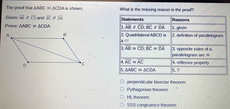 The proof that △ ABC≌ △ CDA is shown. What is the missing reason in the proof?
Given: overline AB//overline CD and overline BC//overline DA Statements Reasons
Prove: △ ABC≌ △ CDA 1. overline AB//overline CD; overline BC//overline DA 1. given
2. Quadrilateral ABCD is 2. definition of parallelogram
a^(□)
3. overline AB≌ overline CD; overline BC≌ overline DA 3. opposite sides of a
parallelogram are ≌
4. overline AC≌ overline AC 4. reflexive property
5. △ ABC≌ △ CDA 5. ?
perpendicular bisector theorem
Pythagorean theorem
HL theorem
SSS congruence theorem