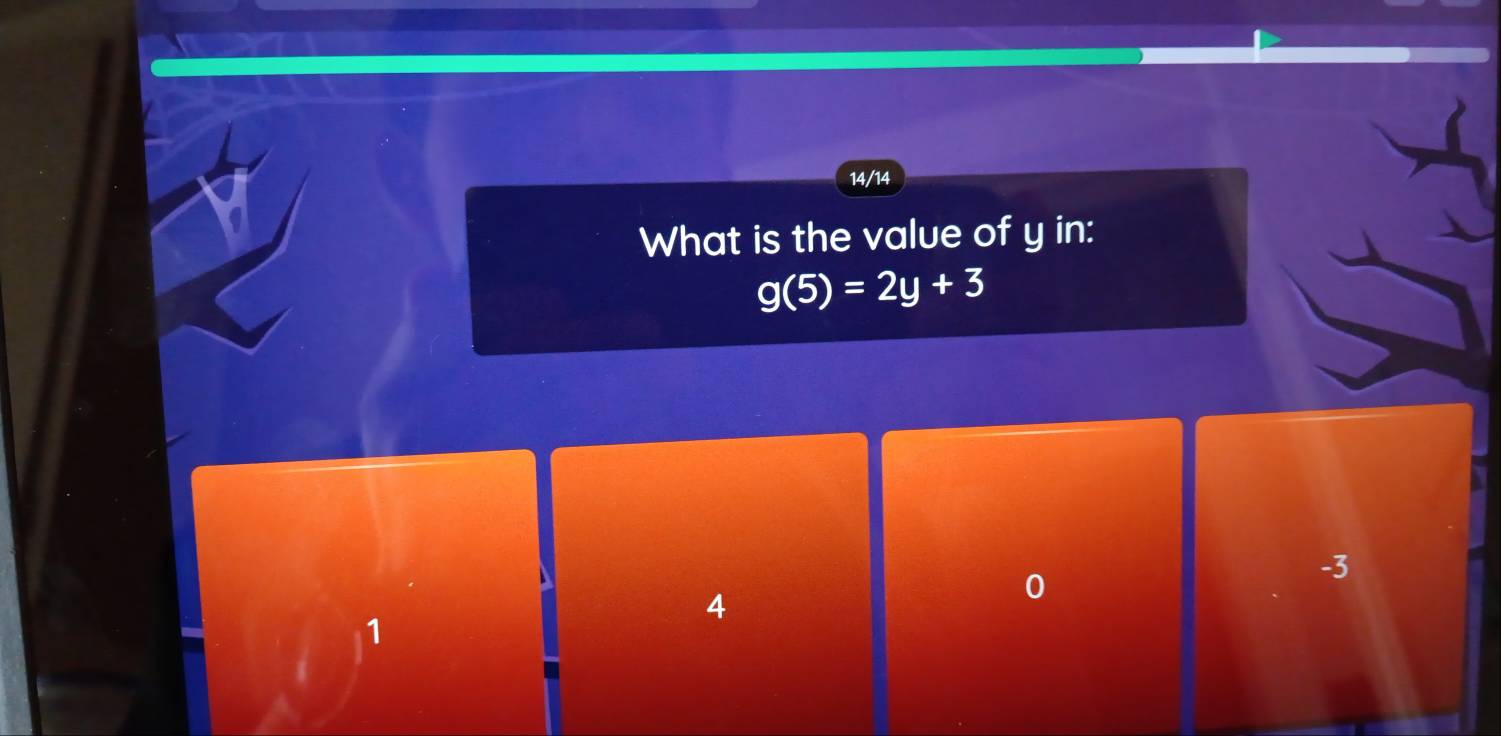 14/14
What is the value of y in:
g(5)=2y+3
-3
1
4
0