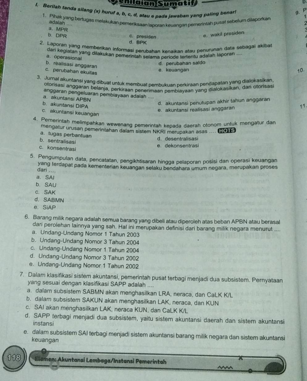 enilaian Sumatif
b
l. Berilah tanda silang (x) huruf a, b, c, d, atau e pada jawaban yang paling benar!
g. P
1. Pihak yang bertugas melakukan pemeriksaan laporan keuangan pemerintah pusat sebelum dilaporkan
1
adalah ....
2
a. MPR c. presiden
e, wakil presiden
b. DPR d. BPK
2. Laporan yang memberikan informasi perubahan kenaikan atau penurunan data sebagai akibat
dari kegiatan yang dilakukan pemerintah selama periode tertentu adalah laporan ....
a. operasional
d. perubahan saldo
b. realisasi anggaran
e. keuangan
c. perubahan ekuitas
10.
3. Jurnal akuntansi yang dibuat untuk membuat pembukuan perkiraan pendapatan yang dialokasikan,
otorisasi anggaran belanja, perkiraan penerimaan pembiayaan yang dialokasikan, dan otorisasi
anggaran pengeluaran pembiayaan adalah ....
a. akuntansi APBN
b. akuntansi DIPA
d. akuntansi penutupan akhir tahun anggaran
e. akuntansi realisasi anggaran
11.
c. akuntansi keuangan
4. Pemerintah melimpahkan wewenang pemerintah kepada daerah otonom untuk mengatur dan
mengatur urusan pemerintahan dalam sistem NKRI merupakan asas .... CO1S
a. tugas perbantuan
d. desentralisasi
b. sentralisasi
e. dekonsentrasi
c. konsentrasi
5. Pengumpulan data, pencatatan, pengikhtisaran hingga pelaporan posisi dan operasi keuangan
yang terdapat pada kementerian keuangan selaku bendahara umum negara, merupakan proses
dari ....
a. SAl
b. SAU
c. SAK
d. SABMN
e. SiAP
6. Barang milik negara adalah semua barang yang dibeli atau diperoleh atas beban APBN atau berasal
dari perolehan lainnya yang sah. Hal ini merupakan definisi dari barang milik negara menurut ....
a. Undang-Undang Nomor 1 Tahun 2003
b. Undang-Undang Nomor 3 Tahun 2004
c. Undang-Undang Nomor 1 Tahun 2004
d. Undang-Undang Nomor 3 Tahun 2002
e. Undang-Undang Nomor 1 Tahun 2002
7. Dalam klasifikasi sistem akuntansi, pemerintah pusat terbagi menjadi dua subsistem. Pernyataan
yang sesuai dengan klasifikasi SAPP adalah ....
a. dalam subsistem SABMN akan menghasilkan LRA, neraca, dan CaLK K/L
b. dalam subsistem SAKUN akan menghasilkan LAK, neraca, dan KUN
c. SAI akan menghasilkan LAK, neraca KUN, dan CaLK K/L
d. SAPP terbagi menjadi dua subsistem, yaitu sistem akuntansi daerah dan sistem akuntansi
instansi
e. dalam subsistem SAI terbagi menjadi sistem akuntansi barang milik negara dan sistem akuntansi
keuangan
118  Elemen: Akuntansi Lembaga/Instansi Pemerintah
~