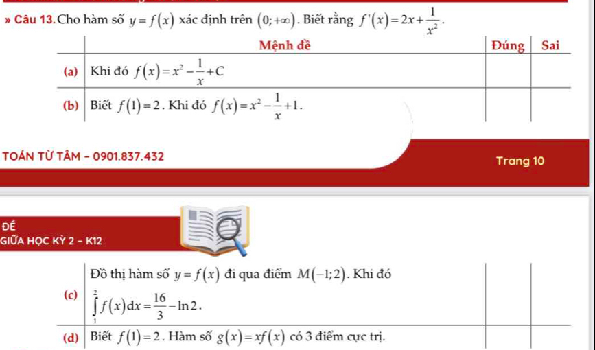 » Câu 13. Cho hàm số y=f(x) xác định trên (0;+∈fty ). Biết rằng f'(x)=2x+ 1/x^2 .
TOÁN TỪ TÂM - 0901.837.432 Trang 10
Đề
GIỨA HỌC KỲ 2 - K12
Đồ thị hàm số y=f(x) đi qua điểm M(-1;2). Khi đó
(c) ∈tlimits _1^(2f(x)dx=frac 16)3-ln 2.
(d) Biết f(1)=2. Hàm số g(x)=xf(x) có 3 điểm cực trị.