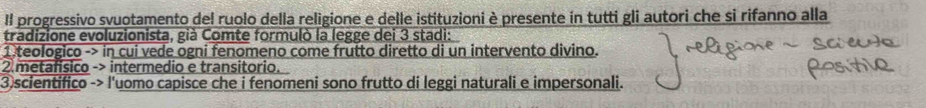 Il progressivo svuotamento del ruolo della religione e delle istituzioni è presente in tutti gli autori che si rifanno alla 
tradizione evoluzionista, già Comte formulò la legge dei 3 stadi: 
1 teologico -> in cui vede ogni fenomeno come frutto diretto di un intervento divino. 
2.metañísico -> intermedio e transitorio. 
③scientifico -> l'uomo capisce che i fenomeni sono frutto di leggi naturali e impersonali.