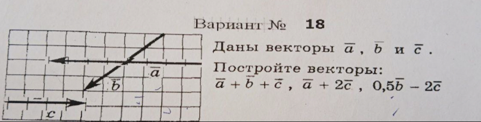 Baриант № 18
ны векторы overline a,overline b u overline c.
сtpoйte bекторы:
vector a+vector b+vector c,vector a+2vector c,0,5vector b-2vector c