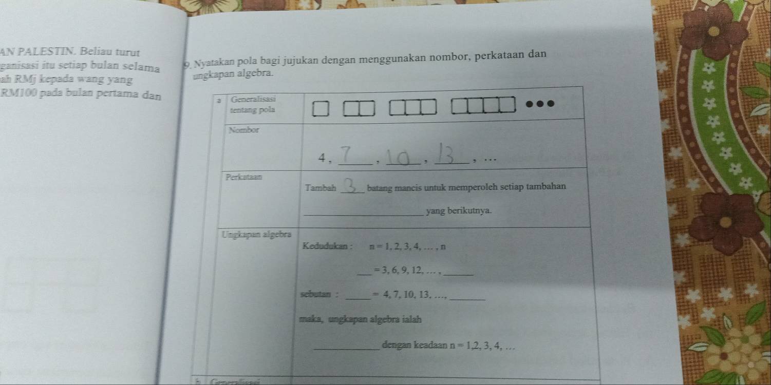 AN PALESTIN. Beliau turut
ganisasi itu setiap bulan selama 9 Nyatakan pola bagi jujukan dengan menggunakan nombor, perkataan dan
ah RMj kepada wang yang
apan algebra.
RM100 pada bulan pertama dan