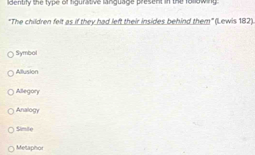 Identify the type of figurative language present in the following:
“The children felt as if they had left their insides behind them” (Lewis 182).
Symbol
Allusion
Allegory
Analogy
Simile
Metaphor