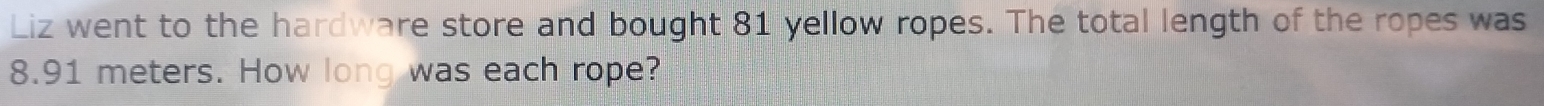 Liz went to the hardware store and bought 81 yellow ropes. The total length of the ropes was
8.91 meters. How long was each rope?