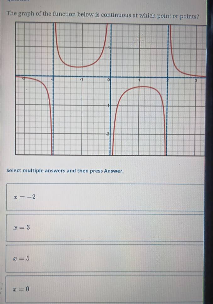 The graph of the function below is continuous at which point or points?
Select multiple answers and then press Answer.
x=-2
x=3
x=5
x=0