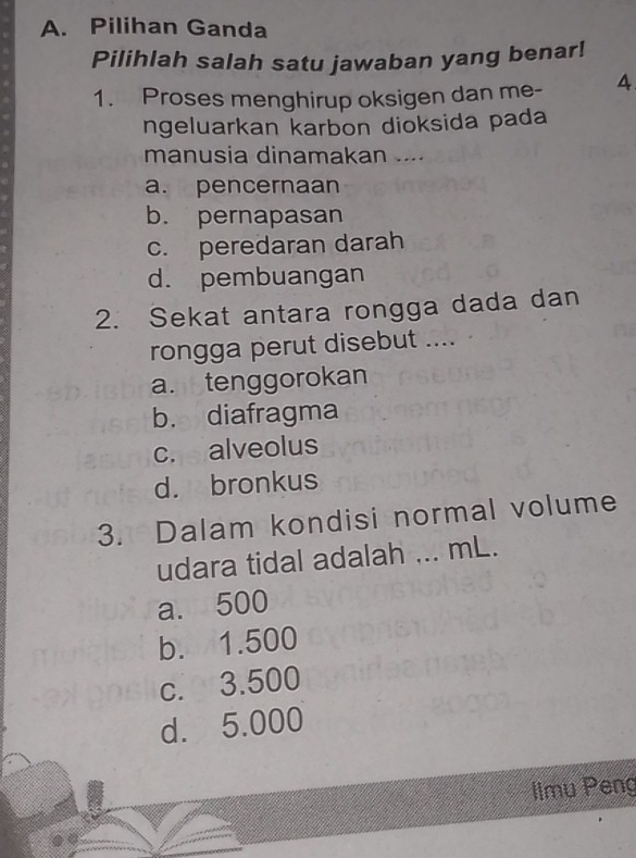 Pilihan Ganda
Pilihlah salah satu jawaban yang benar!
1. Proses menghirup oksigen dan me- A
ngeluarkan karbon dioksida pada
manusia dinamakan ...
a. pencernaan
b. pernapasan
c. peredaran darah
d. pembuangan
2. Sekat antara rongga dada dan
rongga perut disebut ....
a. tenggorokan
b. diafragma
c. alveolus
d. bronkus
3. Dalam kondisi normal volume
udara tidal adalah ... mL.
a. 500
b. 1.500
c. 3.500
d. 5.000
limu Peng