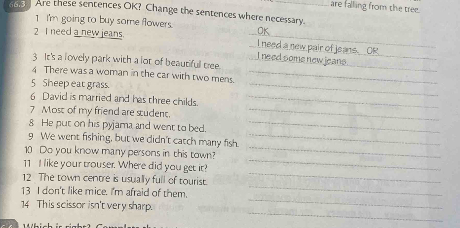 are falling from the tree.
66.3 Are these sentences OK? Change the sentences where necessary. 
1 I'm going to buy some flowers. 
_ 
2 I need a new jeans. 
_OK_ 
_I need a new pair of jeans. OR 
_ 
_I need some new jeans._ 
3 It's a lovely park with a lot of beautiful tree. 
4 There was a woman in the car with two mens._ 
5 Sheep eat grass. 
_ 
6 David is married and has three childs._ 
7 Most of my friend are student._ 
8 He put on his pyjama and went to bed._ 
9 We went fishing, but we didn’t catch many fish._ 
_ 
10 Do you know many persons in this town? 
_ 
11 I like your trouser. Where did you get it? 
_ 
12 The town centre is usually full of tourist. 
_ 
_ 
13 I don't like mice. I'm afraid of them. 
_ 
14 This scissor isn't very sharp.