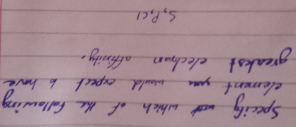 Specily which of the following
element you would expect b have
greakst elechan aftinity.
S, P, Cl