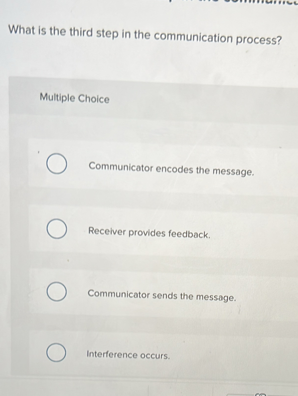 Solved: What is the third step in the communication process? Multiple ...