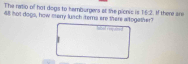 The ratio of hot dogs to hamburgers at the picnic is 16:2. If there are
48 hot dogs, how many lunch items are there altogether? 
label required