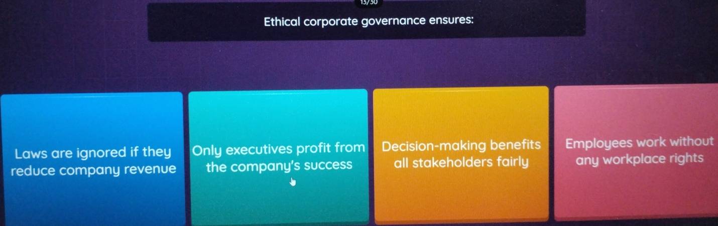 Ethical corporate governance ensures:
Laws are ignored if they Only executives profit from Decision-making benefits Employees work without
reduce company revenue the company's success all stakeholders fairly any workplace rights