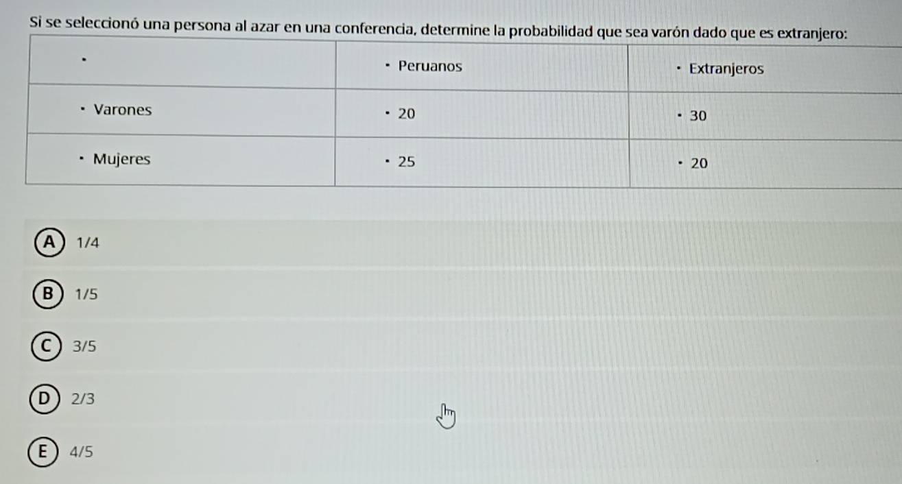 Si se seleccionó una persona al azar en una conferencia, de
A 1/4
B1/5
C 3/5
D 2/3
E4/5