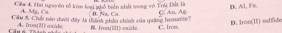 Hai nguyên tố kim loại phố biển nhất trong vỏ Trái Đất là
A. Mg, Ca. B. Na, Ca.
C. Au, Ag. D. Al, Fe.
Câu 5. Chất nào dưới đây là thành phần chính của quặng hematite?
D. Iron(II) sulfide
A. Iron(II) oxide. B. Iron(III) oxide. C. Iron.
Câu 6. Thành nhà