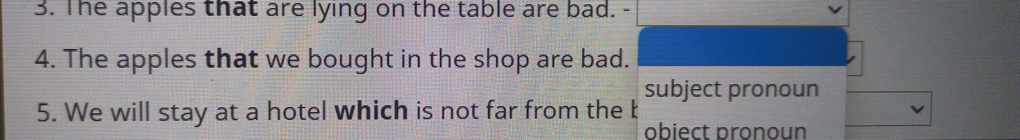 The apples that are lying on the table are bad. - 
4. The apples that we bought in the shop are bad. 
subject pronoun 
5. We will stay at a hotel which is not far from the b 
obiect pronoun