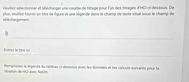 Veuillez sélectionner et télécharger une courbe.de titrage pour l'un des titrages d'HCI ci-dessous. De 
plus, veuillez fournir un titre de figure et une légende dans le champ de texte situé sous le champ de 
téléchargement. 
U 
Entrez le titre ici 
Remplissez la légende du tableau ci-dessous avec les données et les calculs suivants pour la 
titration de HCl avec NaOH.