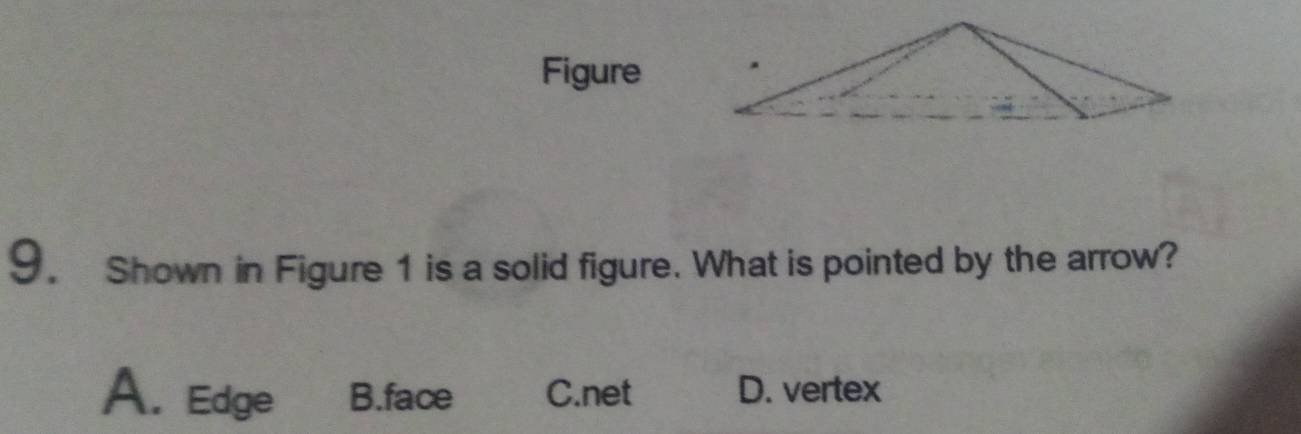 Figure
9. Shown in Figure 1 is a solid figure. What is pointed by the arrow?
A. Edge B.face C.net D. vertex