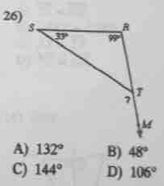 A) 132° B) 48°
C) 144° D) 106°