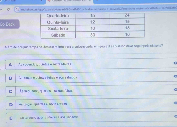 CMSP Web utãn Tôb de Wutemaca 
C mesalva.com/app/exercicio/enem2020mat146?contexto=exercicios-e-provas%2Fexercicios-matematica&lista=Hii924KBefsG
Go Back 
A fim de poupar tempo no deslocamento para a universidade, em quais dias o aluno deve seguir pela ciclovia?
A Às segundas, quintas e sextas-feiras.
B As terças e quintas-feiras e aos sábados. 。
C Às segundas, quartas e sextas-feiras. a
D Às terças, quartas e sextas-feiras. a
E Às terças e quartas-feiras e aos sábados.