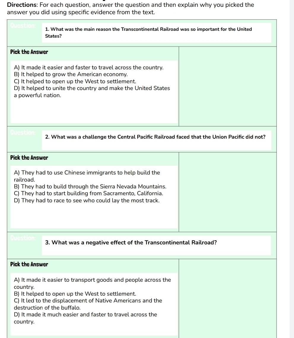 Directions: For each question, answer the question and then explain why you picked the
answer you did using specific evidence from the text.
Pic
A
B
C
D
a
Pic
A
r
B
C
D
Pic
A
c
B
C
d
D
country.