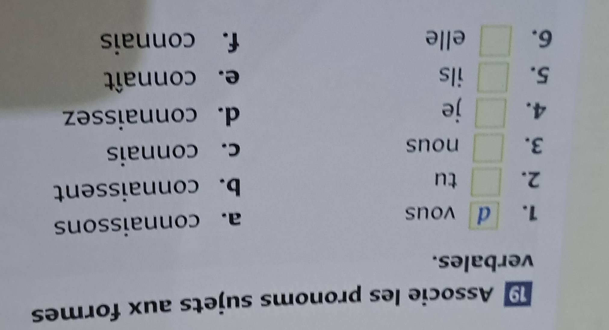 Associe les pronoms sujets aux formes
verbales.
1. d vous
a. connaissons
2. □ tu b. connaissent
3. □ nous
c. connais
4. □ je d. connaissez
5. □ ils e. connaît
6. □ elle f. connais