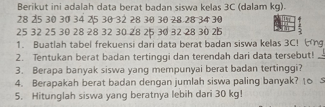 Berikut ini adalah data berat badan siswa kelas 3C (dalam kg).
28 25 30 30 34 25 30 32 28 30 30 28 28 34 30 con a 
ind 5
25 32 25 30 28 28 32 30 28 25 30 32 28 30 25
a 
1. Buatlah tabel frekuensi dari data berat badan siswa kelas 3C! (ng 
2. Tentukan berat badan tertinggi dan terendah dari data tersebut!_ 
3. Berapa banyak siswa yang mempunyai berat badan tertinggi? 
4. Berapakah berat badan dengan jumlah siswa paling banyak? 
5. Hitunglah siswa yang beratnya lebih dari 30 kg!