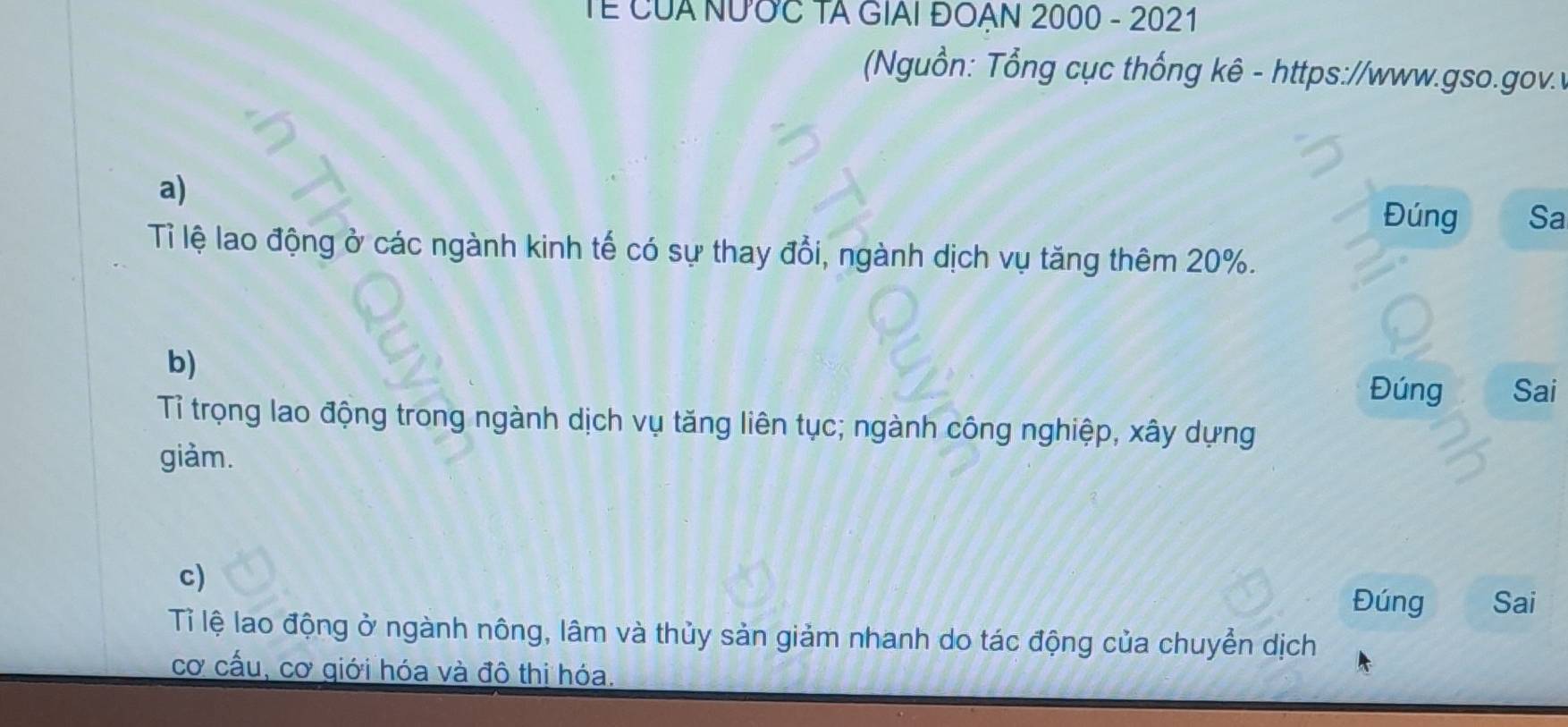 TÊ CủA NƯỚc TA GIảI ĐOẠN 2000 - 2021 
Nguồn: Tổng cục thống kê - https://www.gso.gov.v 
a) Đúng Sa 
Tỉ lệ lao động ở các ngành kinh tế có sự thay đổi, ngành dịch vụ tăng thêm 20%. 
b) 
Đúng Sai 
Tỉ trọng lao động trong ngành dịch vụ tăng liên tục; ngành công nghiệp, xây dựng 
giàm. 
c) 
Đúng Sai 
Tỉ lệ lao động ở ngành nông, lâm và thủy sản giảm nhanh do tác động của chuyển dịch 
cơ cấu, cơ giới hóa và đô thị hóa.