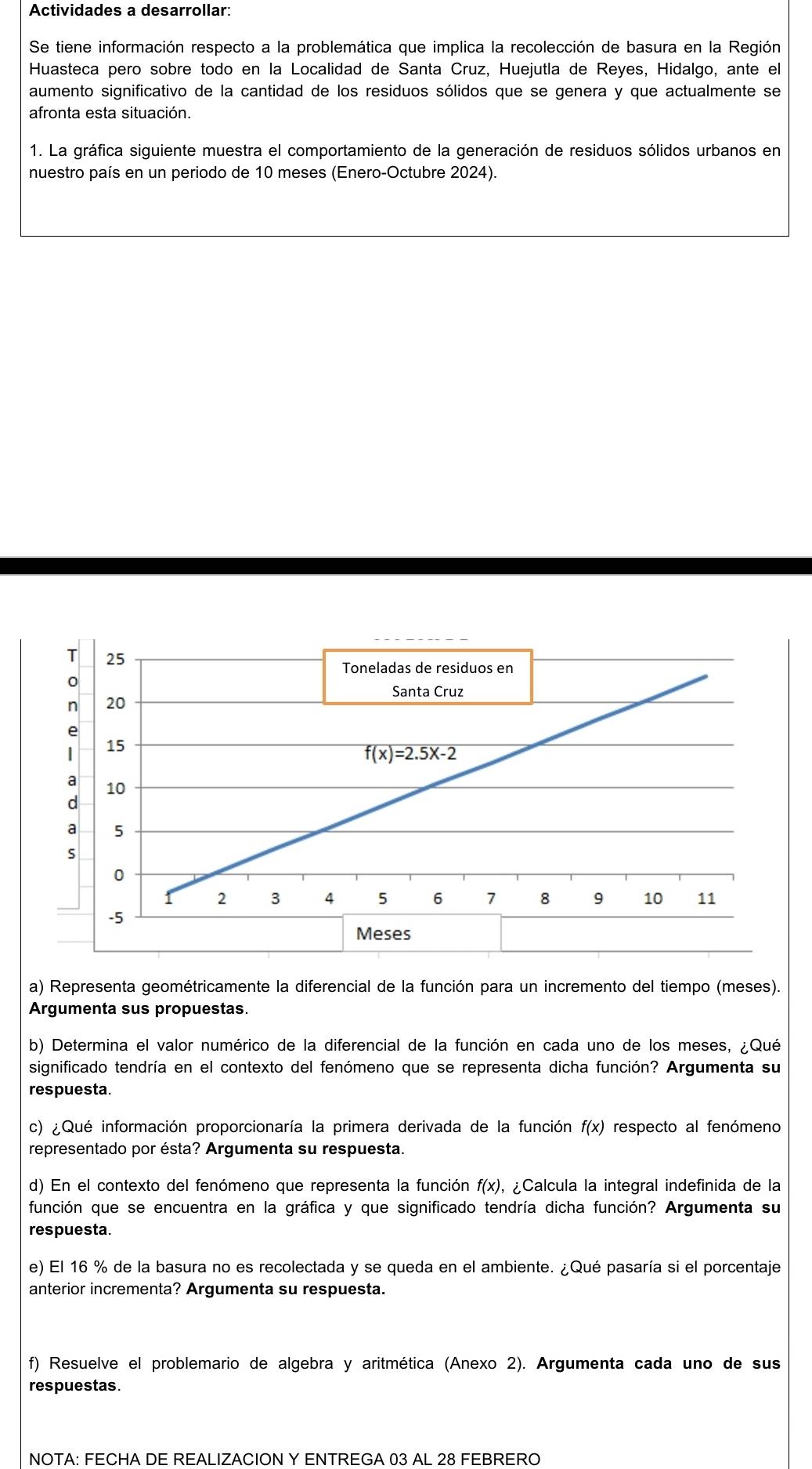 Actividades a desarrollar:
Se tiene información respecto a la problemática que implica la recolección de basura en la Región
Huasteca pero sobre todo en la Localidad de Santa Cruz, Huejutla de Reyes, Hidalgo, ante el
aumento significativo de la cantidad de los residuos sólidos que se genera y que actualmente se
afronta esta situación.
1. La gráfica siguiente muestra el comportamiento de la generación de residuos sólidos urbanos en
nuestro país en un periodo de 10 meses (Enero-Octubre 2024).
a) Representa geométricamente la diferencial de la función para un incremento del tiempo (meses).
Argumenta sus propuestas.
b) Determina el valor numérico de la diferencial de la función en cada uno de los meses, ¿Qué
significado tendría en el contexto del fenómeno que se representa dicha función? Argumenta su
respuesta.
c) ¿Qué información proporcionaría la primera derivada de la función f(x) respecto al fenómeno
representado por ésta? Argumenta su respuesta.
d) En el contexto del fenómeno que representa la función : f(x) , ¿Calcula la integral indefinida de la
función que se encuentra en la gráfica y que significado tendría dicha función? Argumenta su
respuesta.
e) El 16 % de la basura no es recolectada y se queda en el ambiente. ¿Qué pasaría si el porcentaje
anterior incrementa? Argumenta su respuesta.
f) Resuelve el problemario de algebra y aritmética (Anexo 2). Argumenta cada uno de sus
respuestas.
NOTA: FECHA DE REALIZACION Y ENTREGA 03 AL 28 FEBRERO